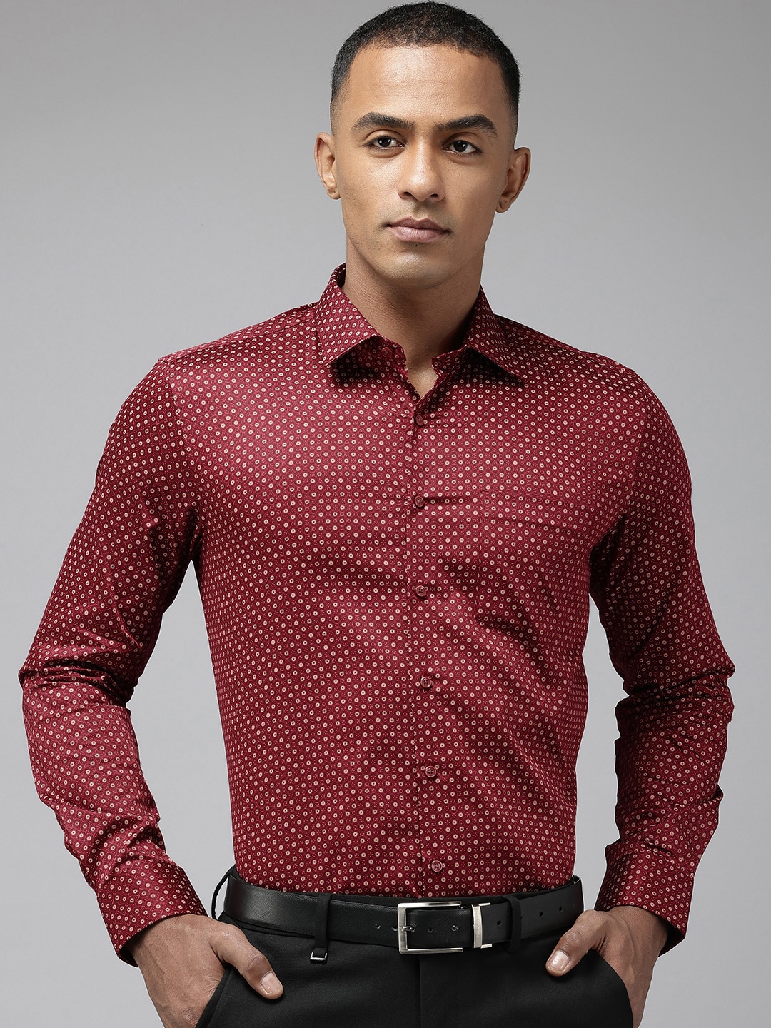 

Van Heusen Pure Cotton Slim Fit Ethnic Motifs Printed Formal Shirt, Maroon