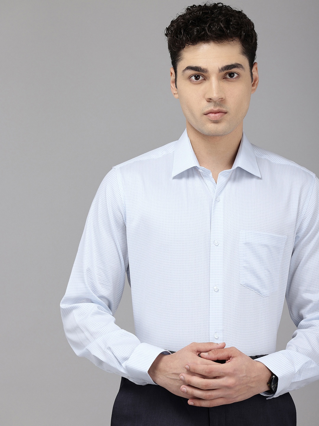 

Van Heusen Custom Fit Textured Self Design Pure Cotton Formal Shirt, Blue
