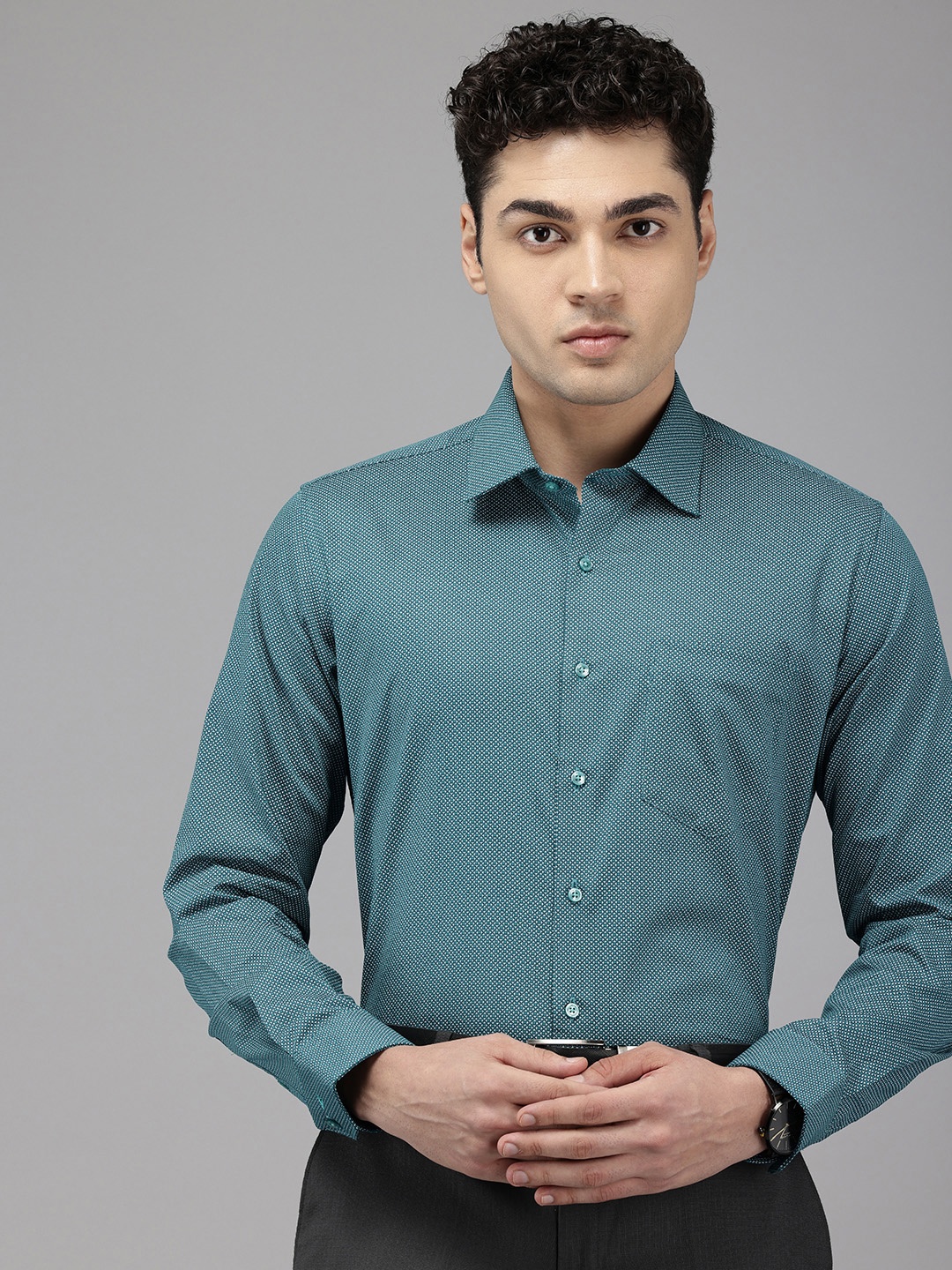 

Van Heusen Pure Cotton Slim Fit Opaque Printed Formal Shirt, Teal