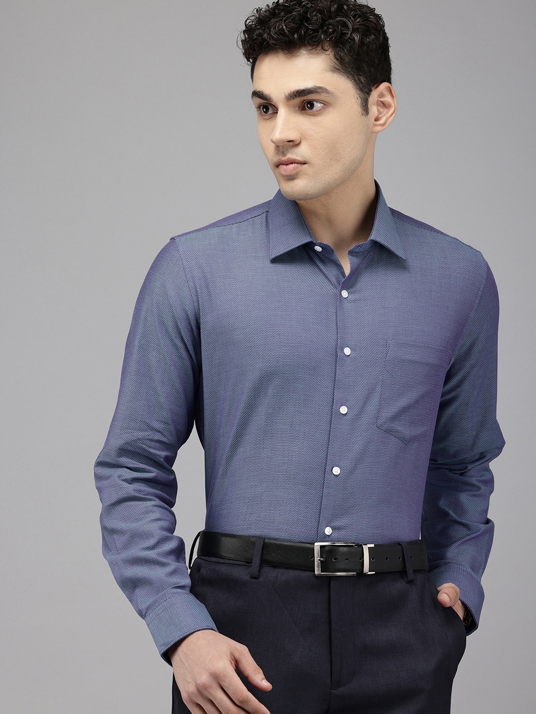 

Van Heusen Slim Fit Textured Self Design Pure Cotton Formal Shirt, Blue
