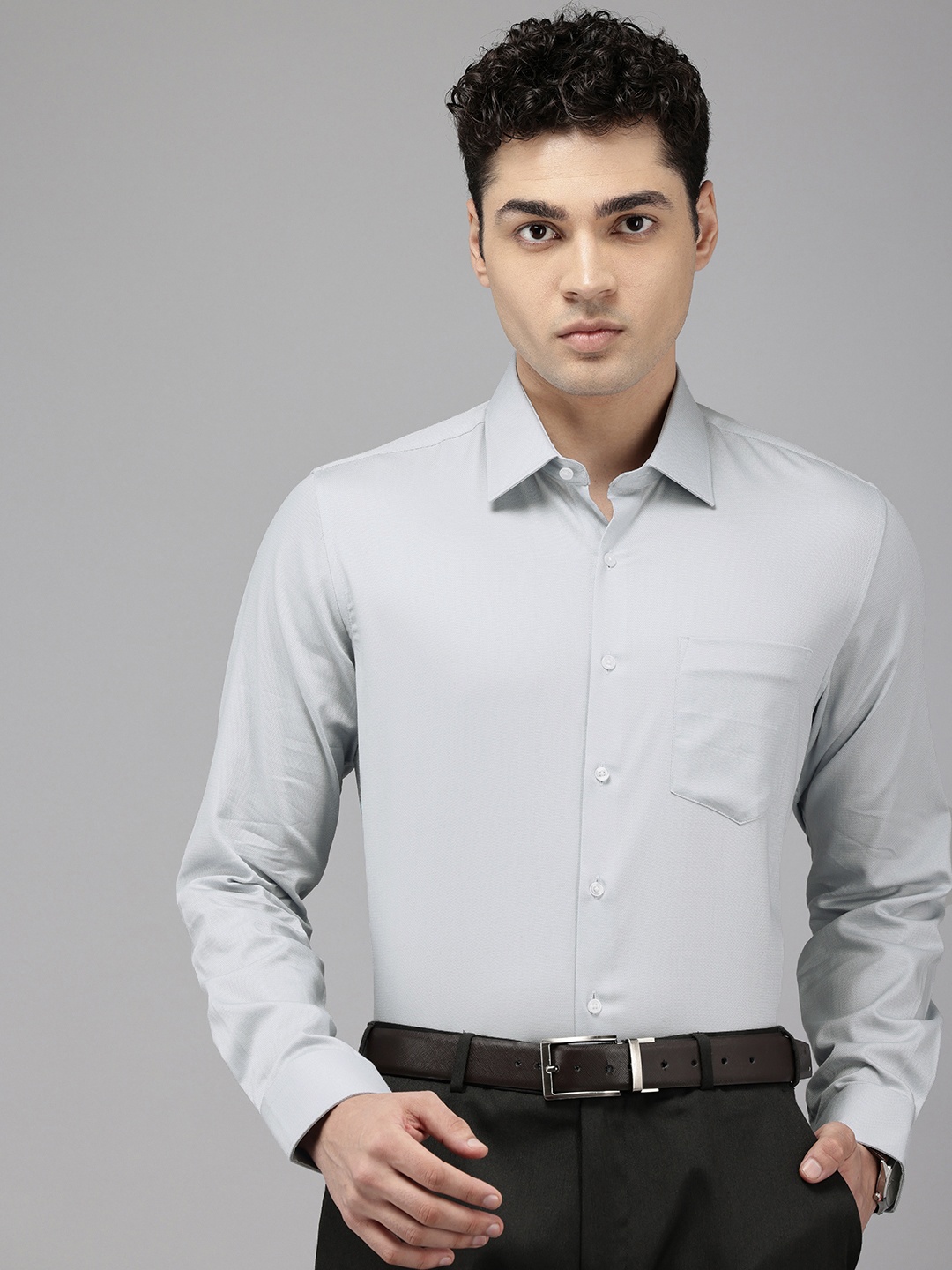

Van Heusen Pure Cotton Self Design Textured Custom Opaque Formal Shirt, Grey