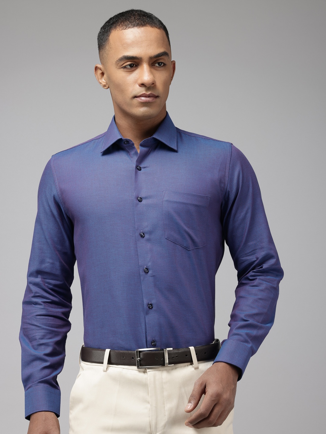 

Van Heusen Custom Fit Textured Self Design Pure Cotton Formal Shirt, Blue