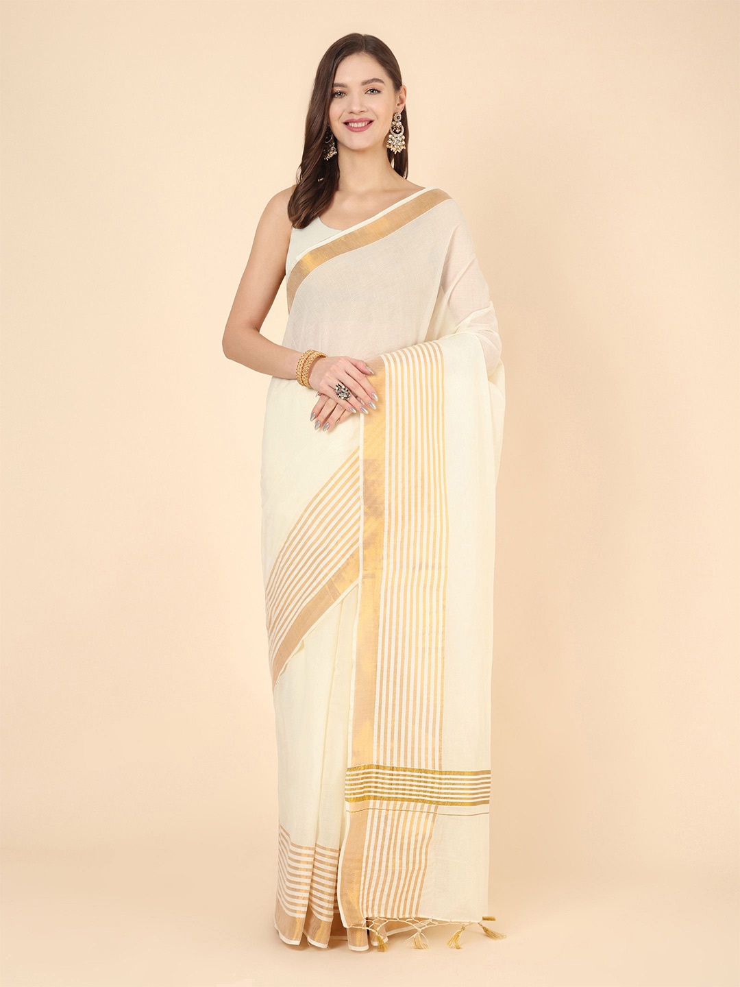 

Manvish Drapes Zari Pure Cotton Kasavu Saree, Off white