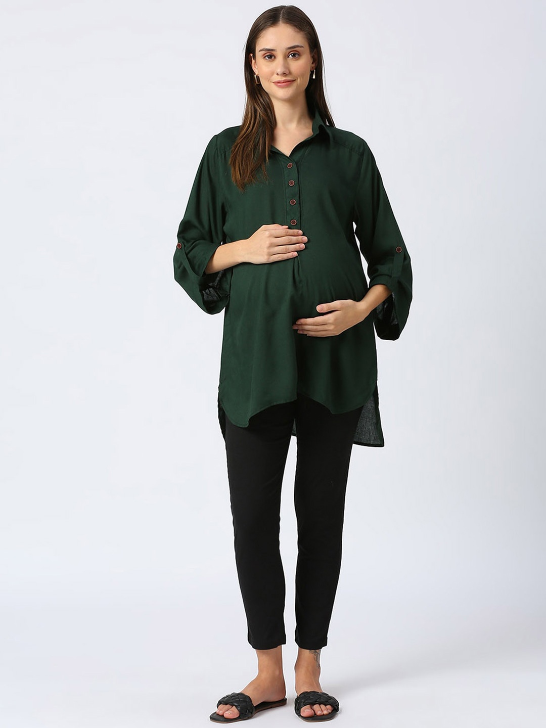 

Mom For Sure by Ketki Dalal Shirt Collar Longline Maternity Top, Green