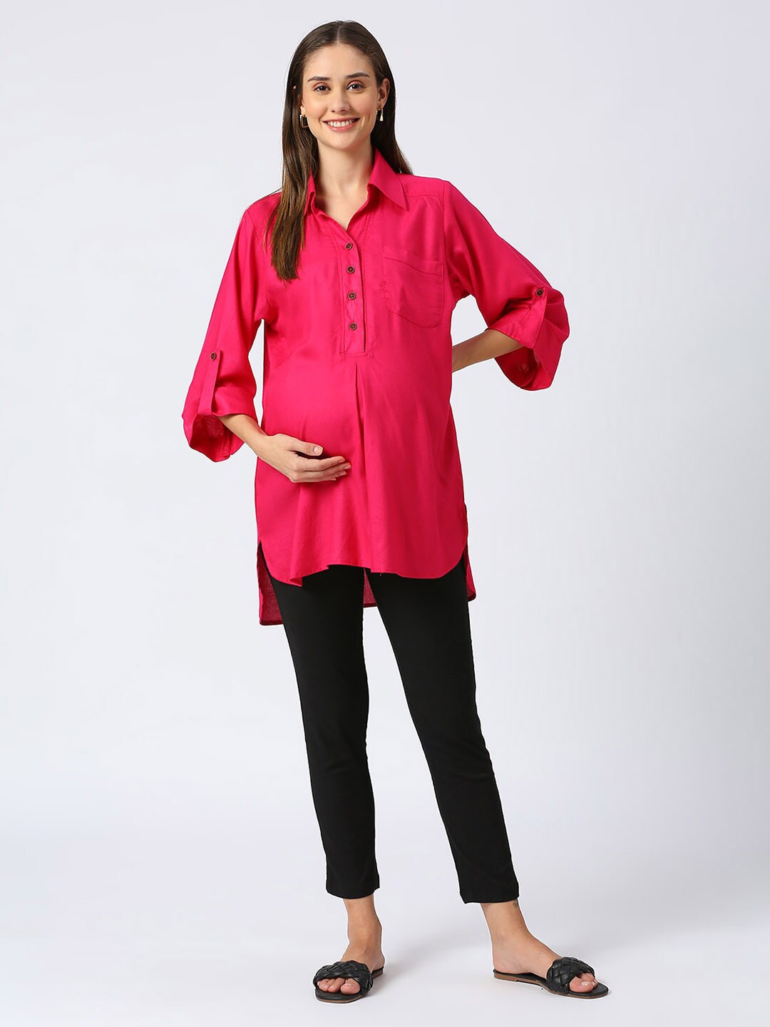 

Mom For Sure by Ketki Dalal Shirt Collar High-Low Maternity Tunic, Pink