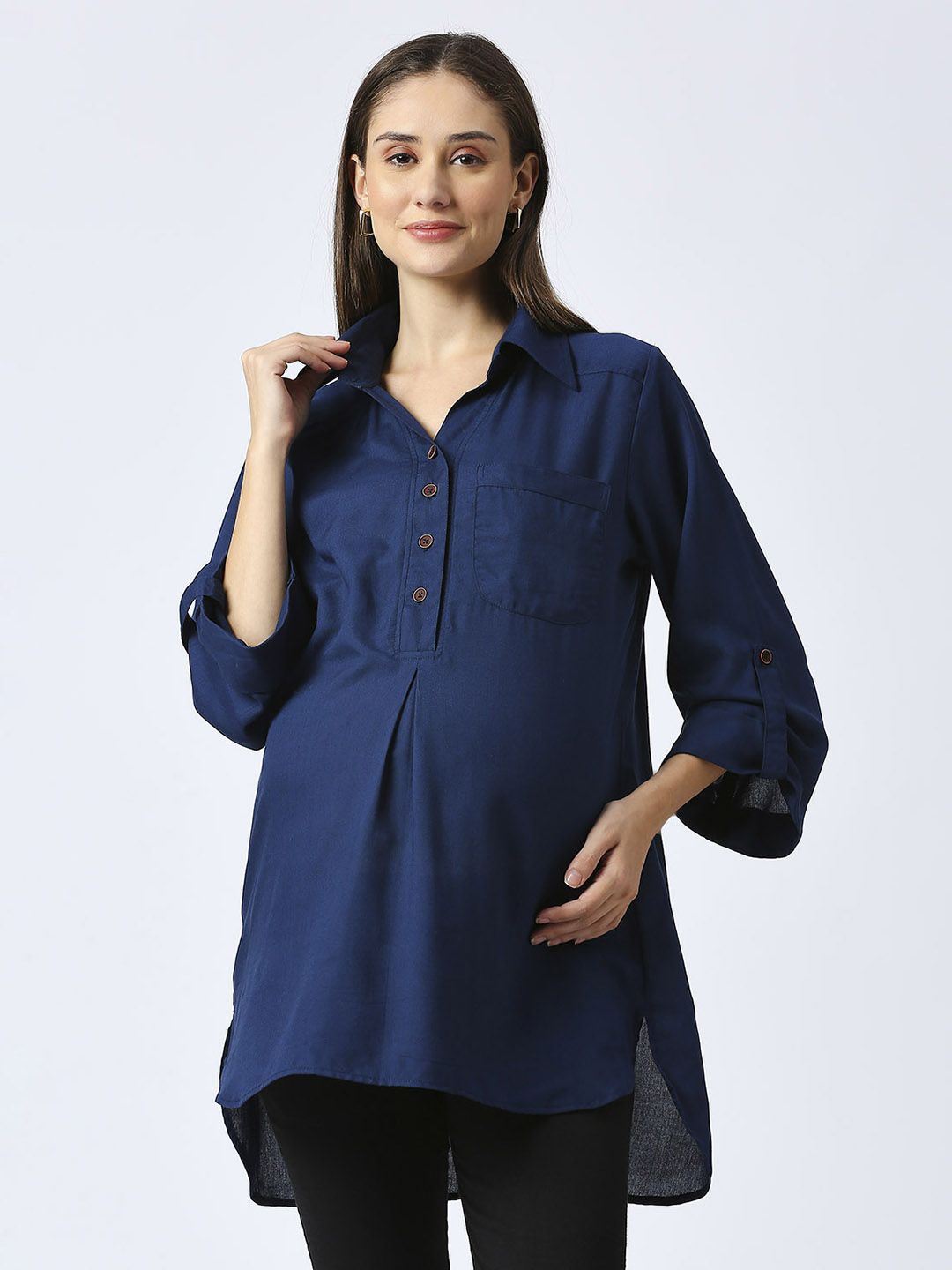 

Mom For Sure by Ketki Dalal Spread Collar Shirt Style Longline Maternity Top, Navy blue