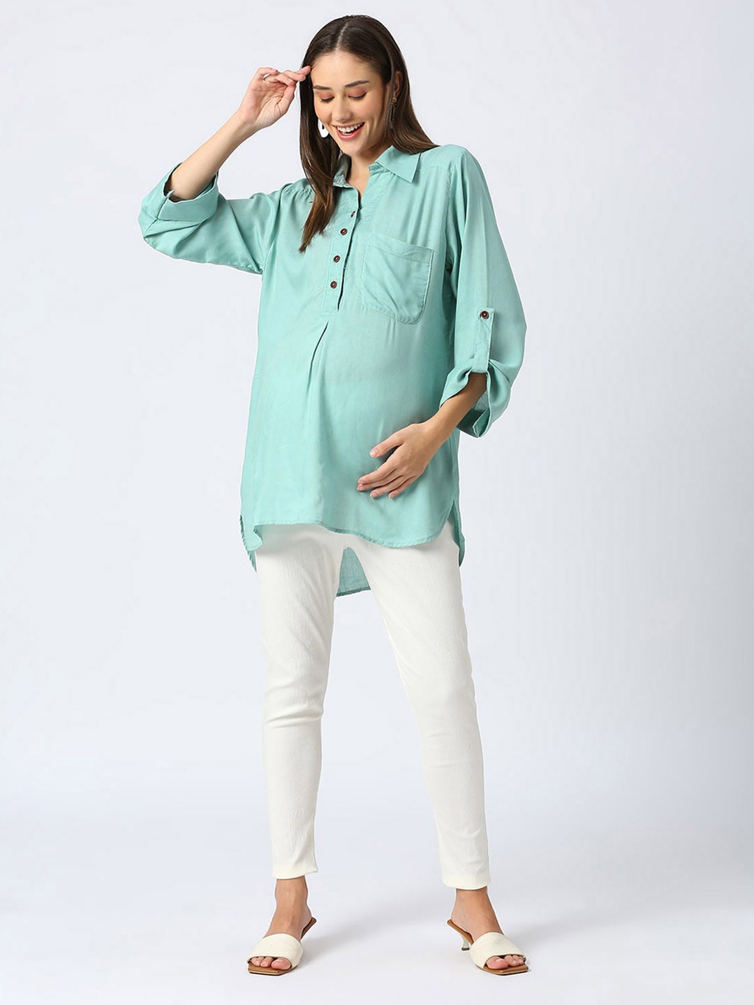 

Mom For Sure by Ketki Dalal Shirt Collar Longline Maternity Top, Sea green