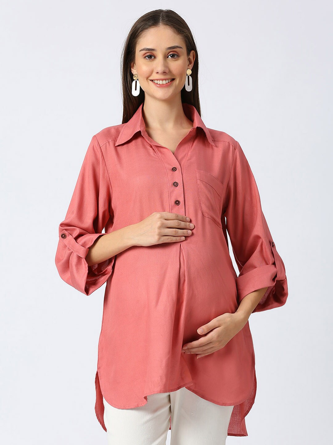 

Mom For Sure by Ketki Dalal Roll-Up Sleeves Shirt Style Longline Maternity Top, Coral