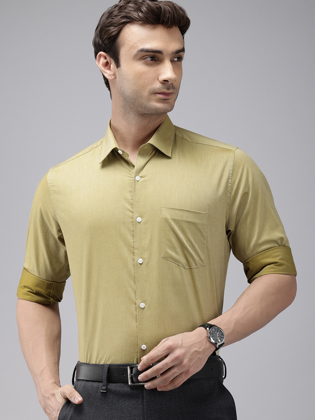 

Van Heusen Custom Fit Checked Pure Cotton Formal Shirt, Olive