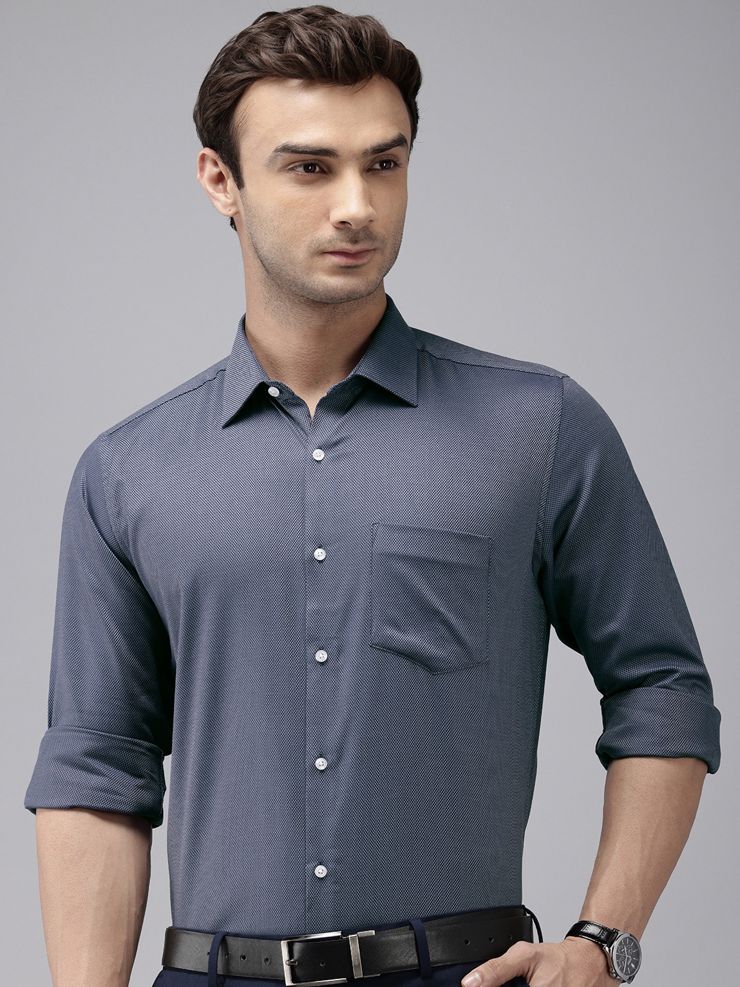 

Van Heusen Self Design Textured Custom Fit Opaque Formal Shirt, Navy blue