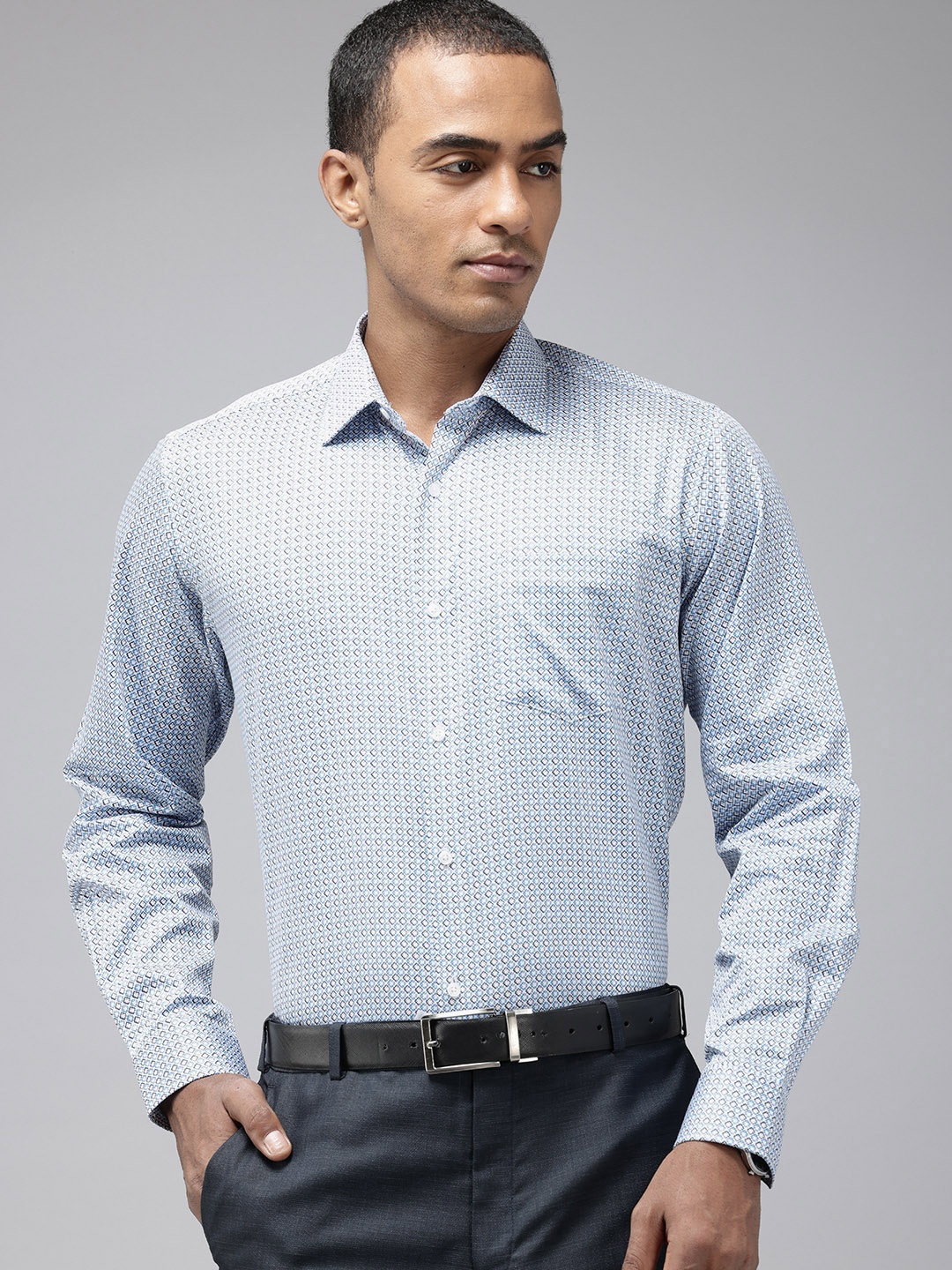 Van Heusen Pure Cotton Custom Fit Geometric Printed Formal Shirt, White