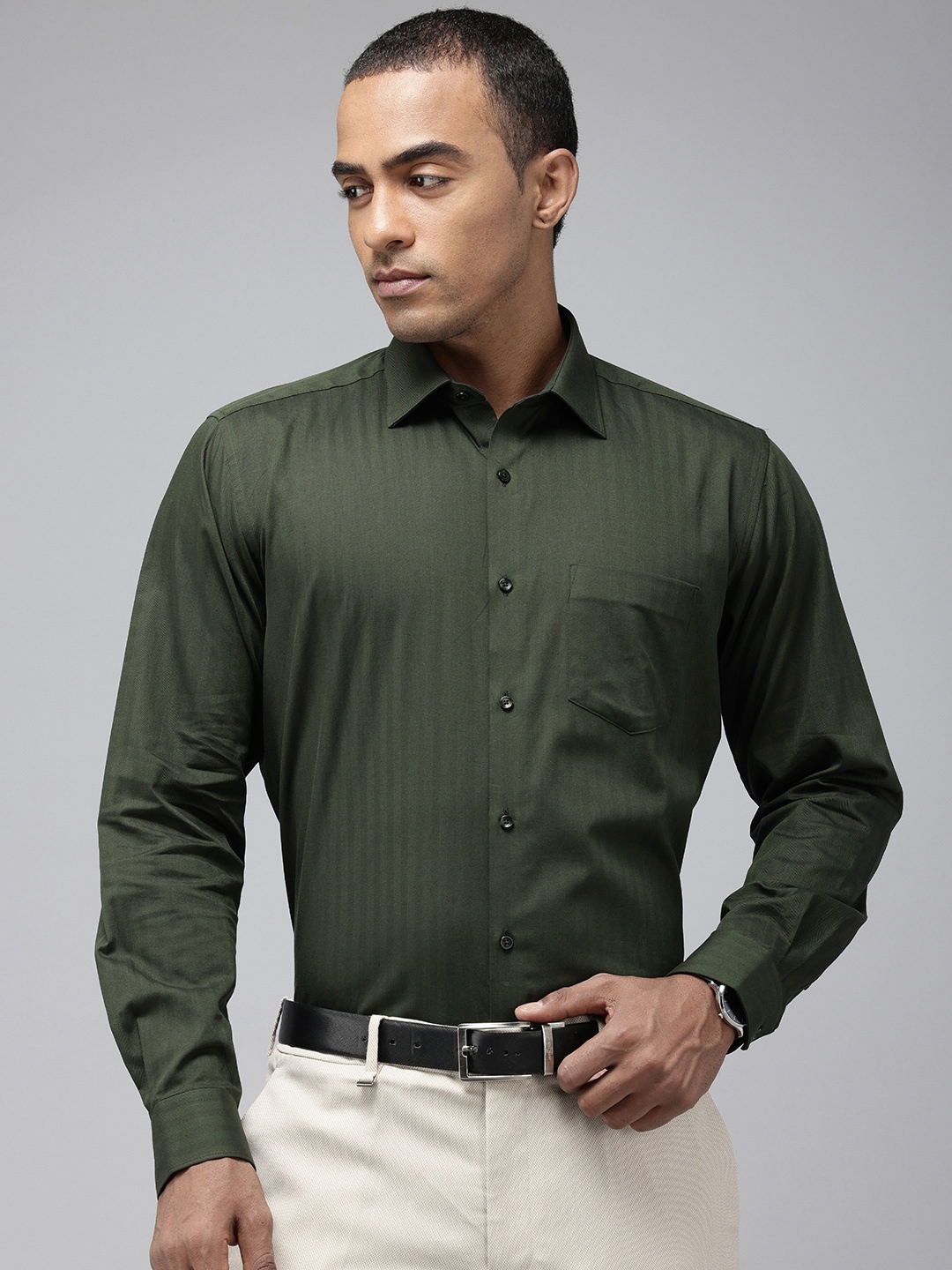 

Van Heusen Pure Cotton Self Design Custom Fit Textured Formal Shirt, Green