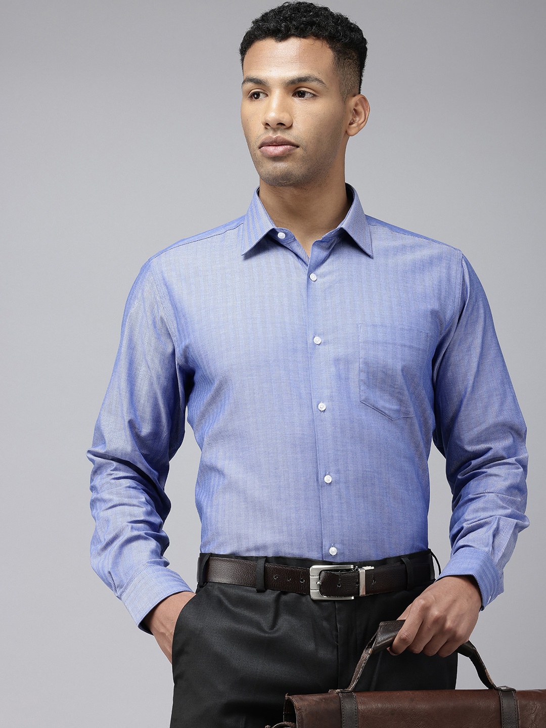 

Van Heusen Pure Cotton Self Design Textured Formal Shirt, Blue