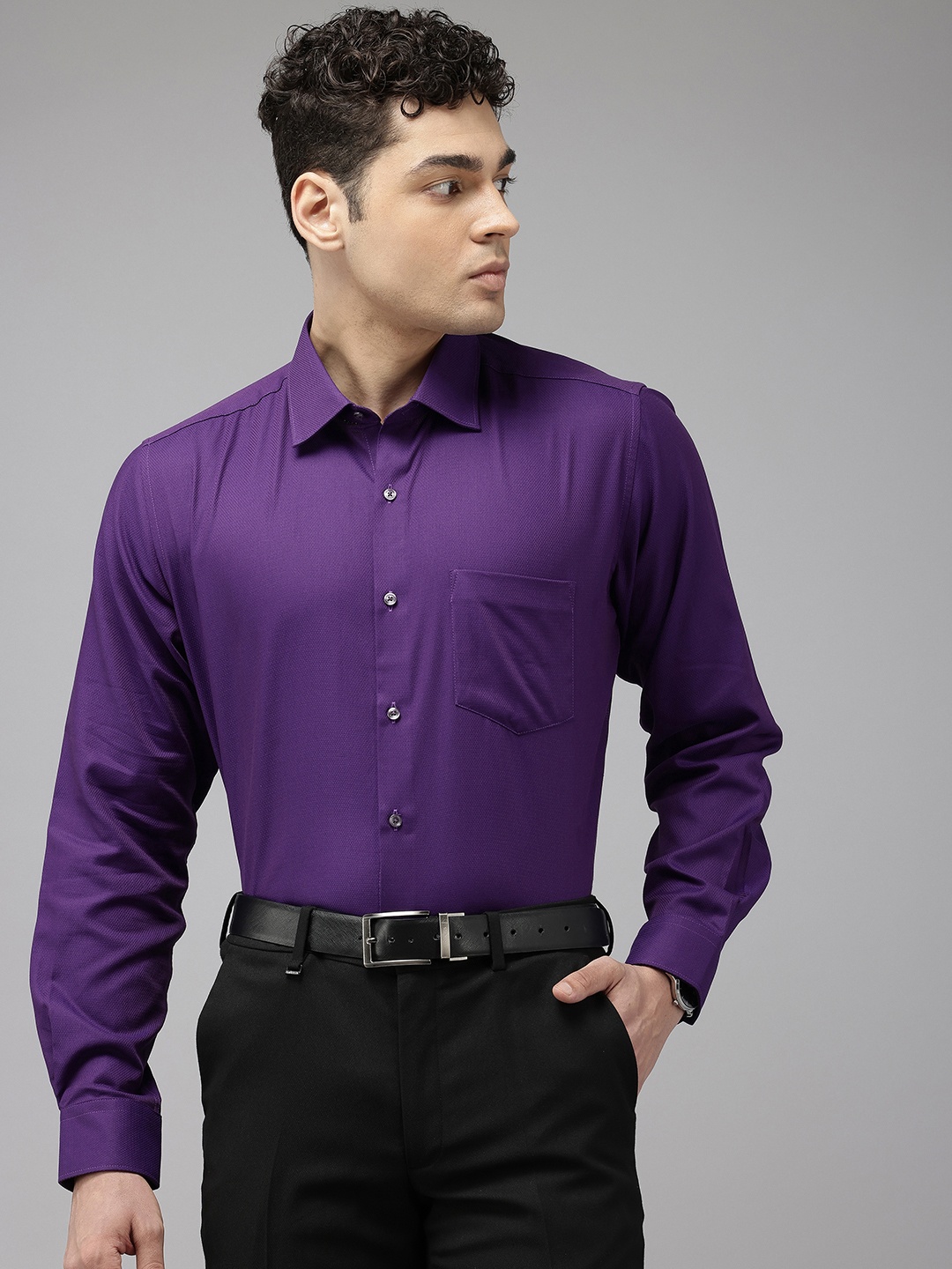 

Van Heusen Pure Cotton Self Design Custom Fit Textured Formal Shirt, Purple