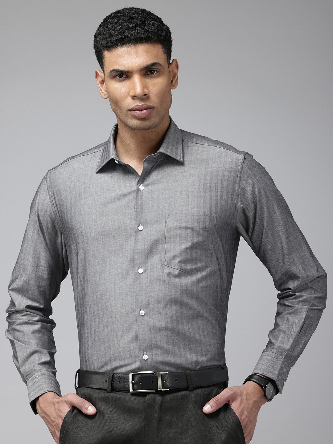 

Van Heusen Pure Cotton Self Design Custom Fit Textured Formal Shirt, Grey
