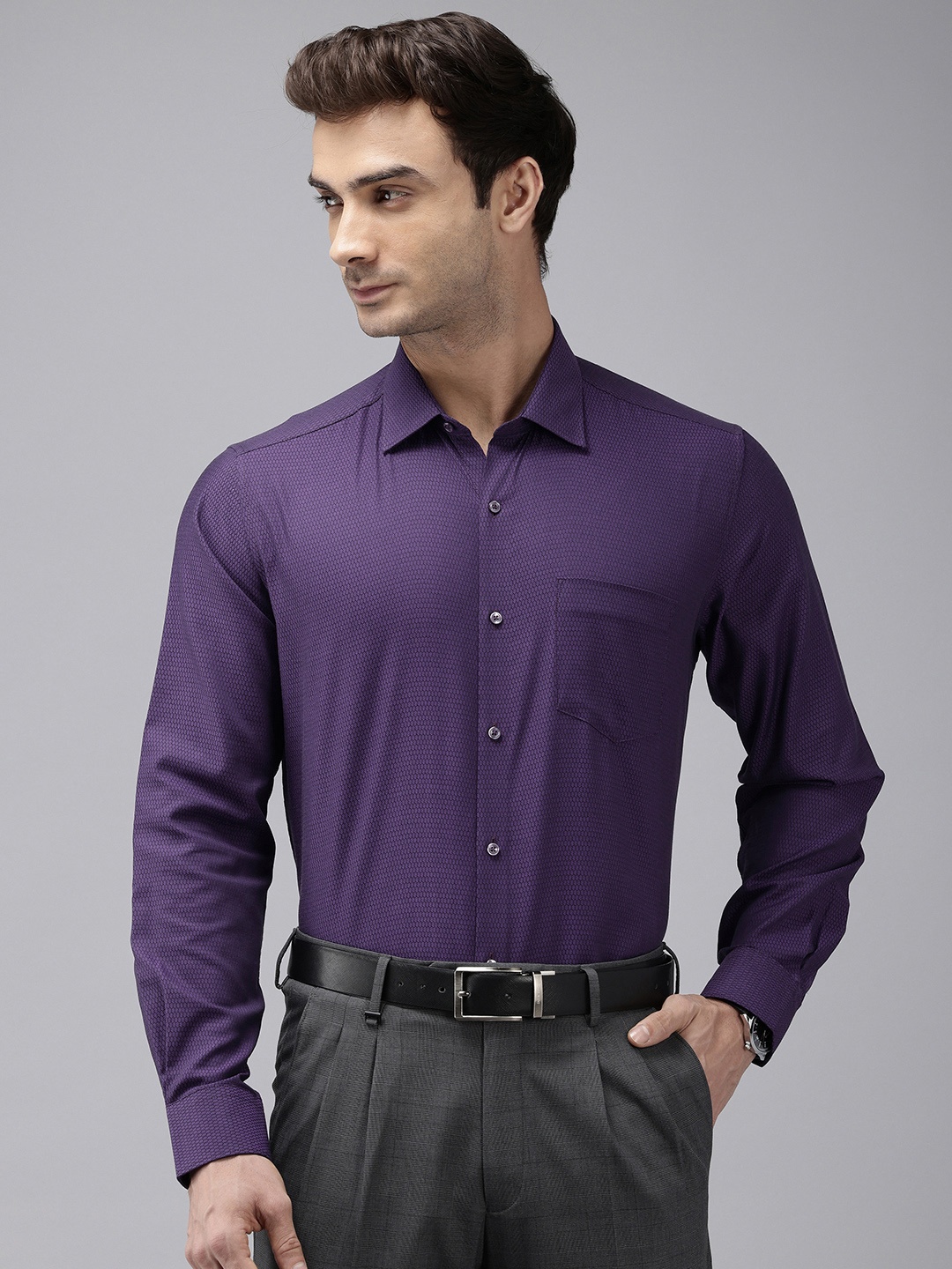 

Van Heusen Pure Cotton Self Design Textured Custom Opaque Formal Shirt, Purple