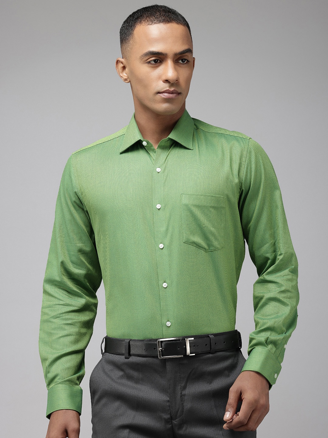 

Van Heusen Custom Fit Textured Self Design Pure Cotton Formal Shirt, Green