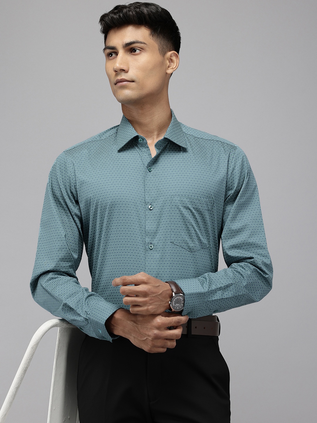 

Van Heusen Pure Cotton Custom Fit Opaque Printed Formal Shirt, Teal