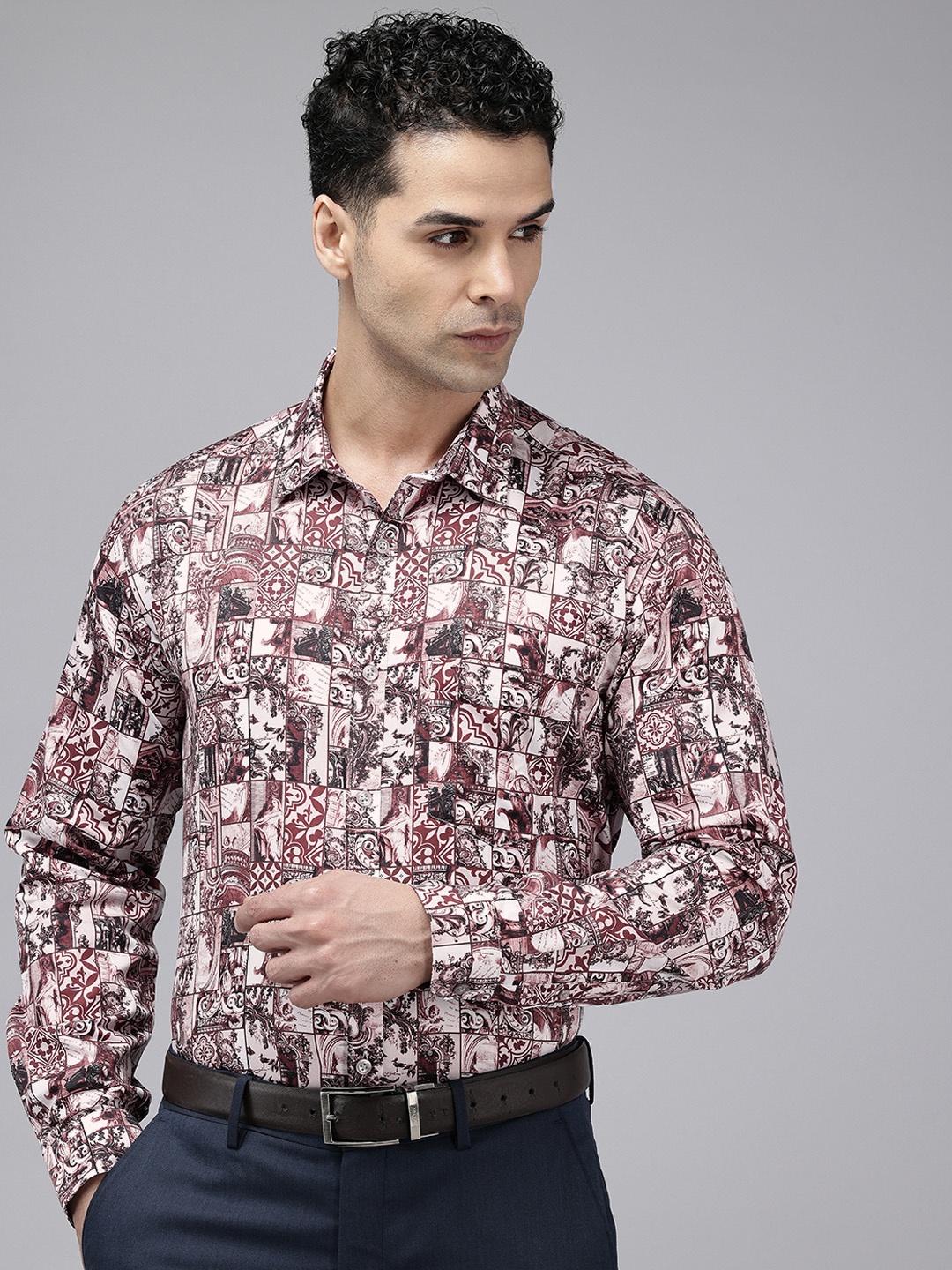 

V Dot Pure Cotton Slim Fit Opaque Printed Formal Shirt, Brown