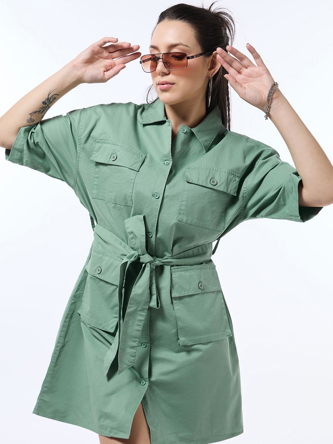 

Bewakoof Oversized Shirt Dress, Green