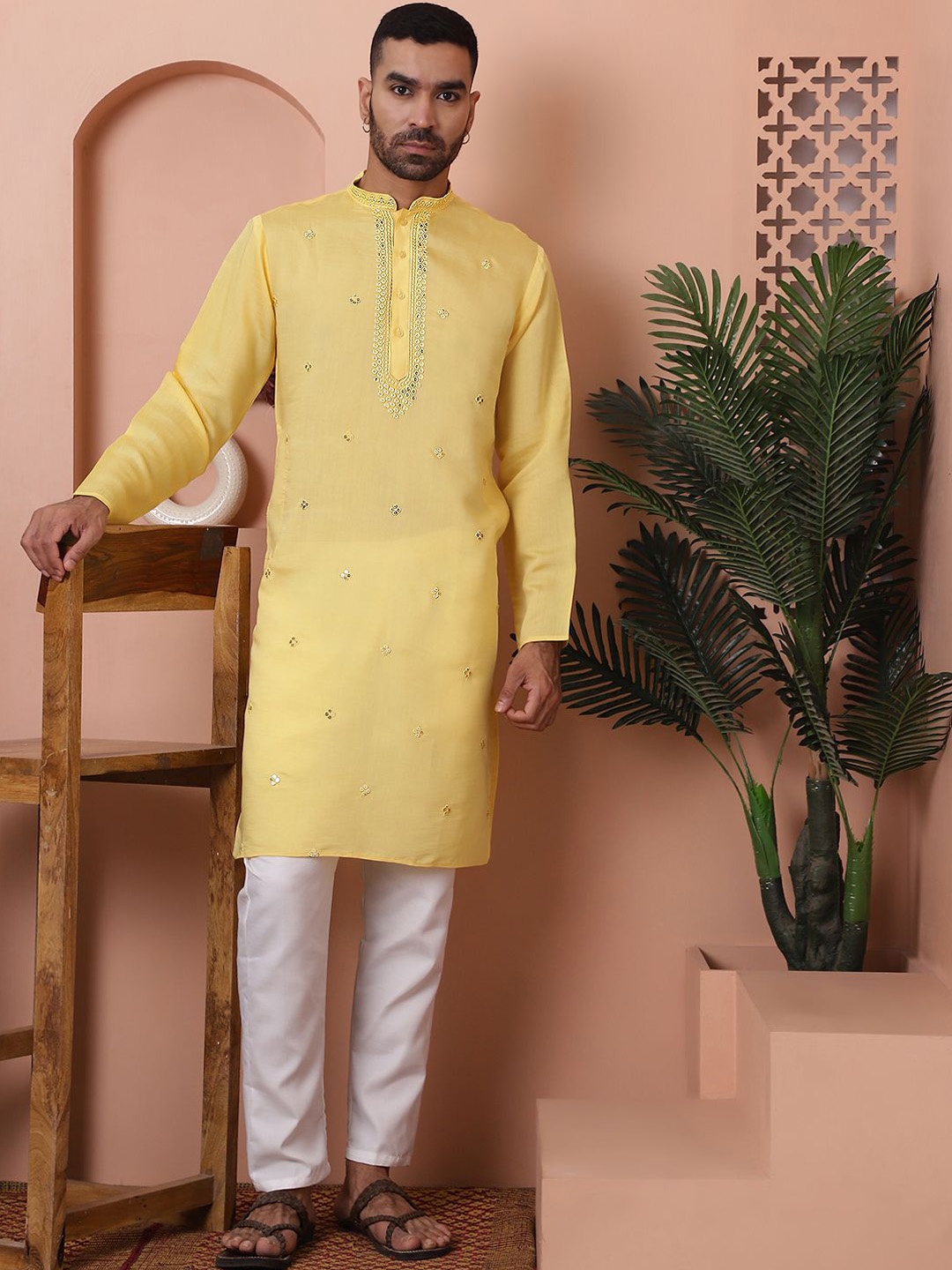 

Anouk Yellow Embroidered Sequinned Mandarin Collar Straight Kurta with Pyjamas