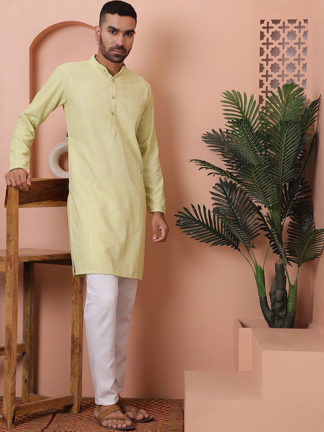 

Anouk Lime Green Ethnic Motifs Embroidered Sequinned Band Collar Kurta with Pyjamas