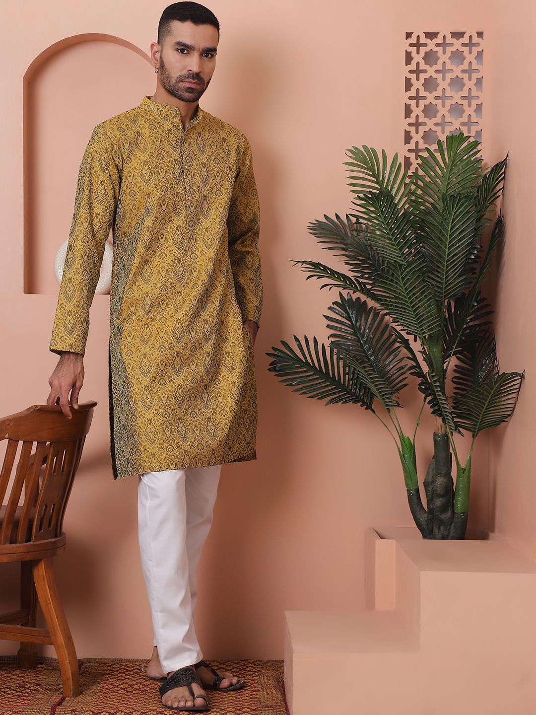 

Anouk Yellow Ethnic Motifs Woven Design Band Collar Straight Kurta with Pyjamas