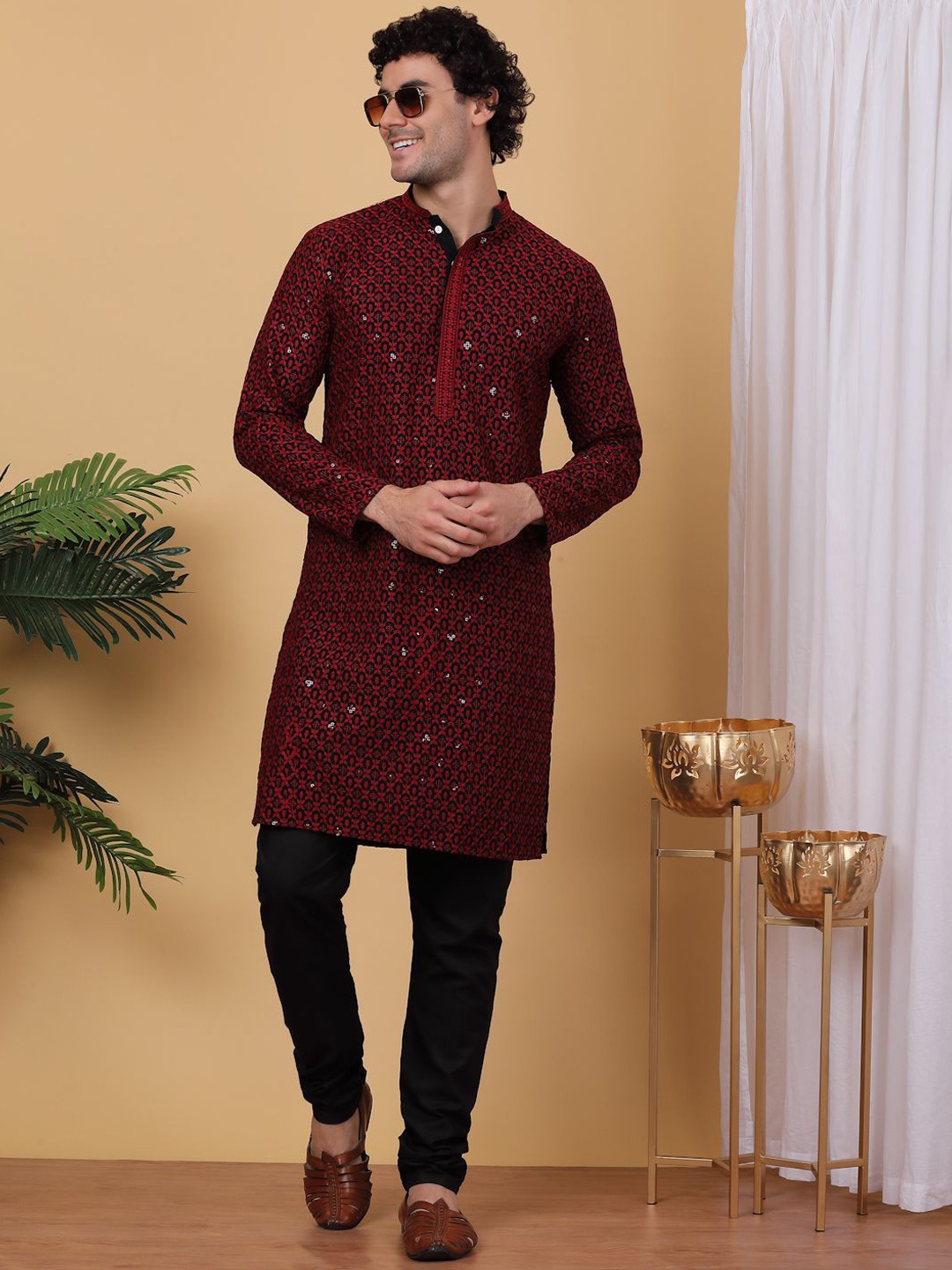 

Anouk Black & Red Embroidered Ethnic Motifs Sequinned Kurta with Pyjamas