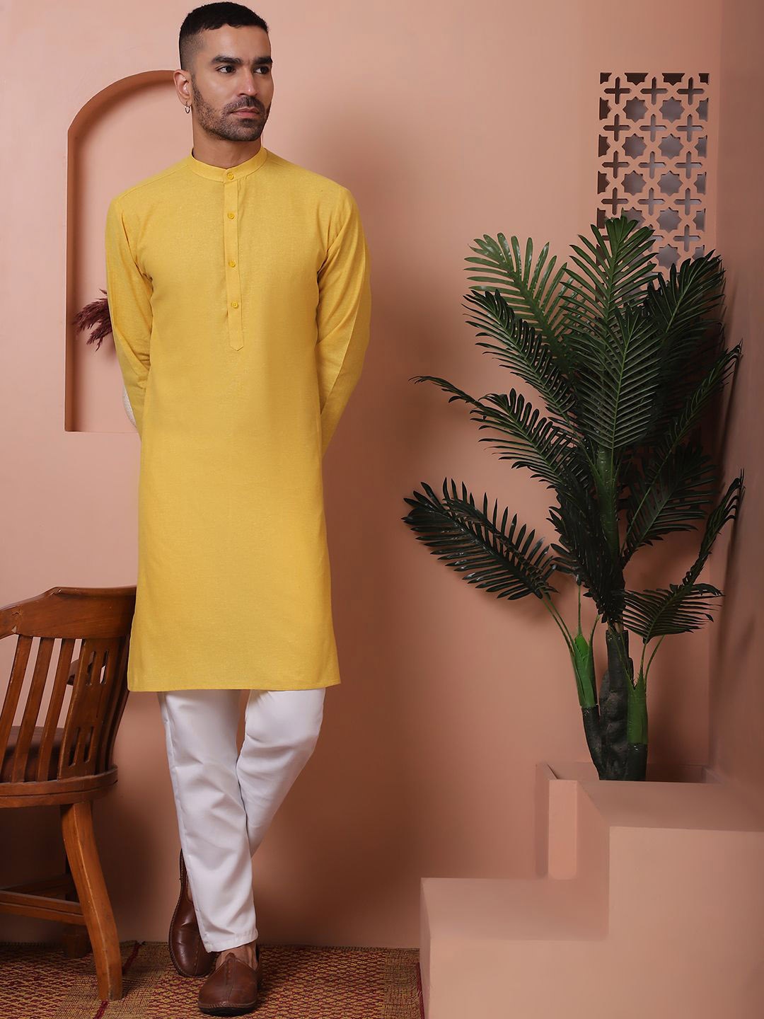 

Anouk Yellow Band Collar Long Sleeves Pure Cotton Straight Kurta With Pyjamas