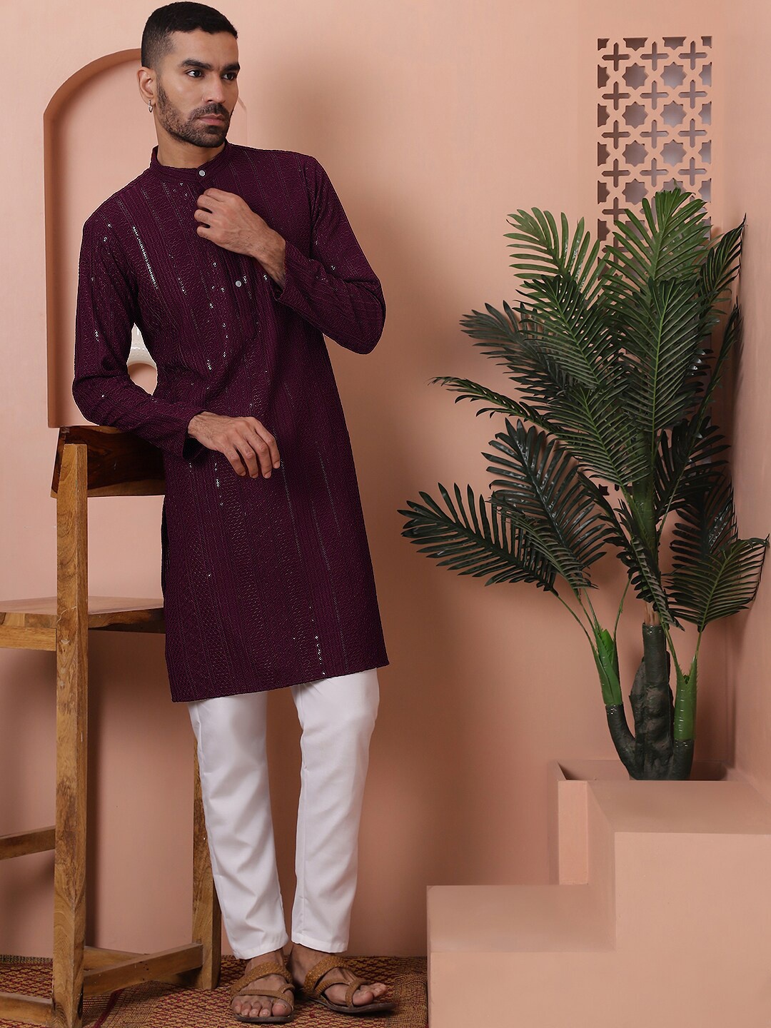 

Anouk Purple Ethnic Motifs Embroidered Sequinned Band Collar Straight Kurta With Pyjamas