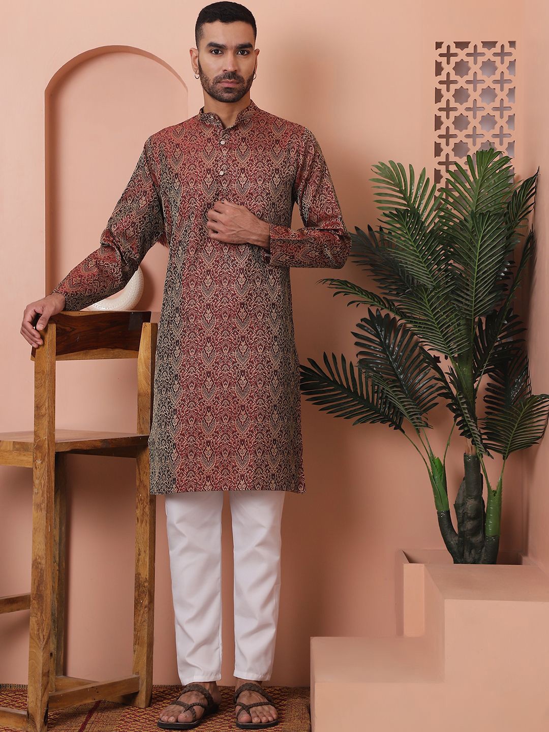 

Anouk Maroon Ethnic Motifs Woven Design Band Collar Straight Kurta With Pyjamas
