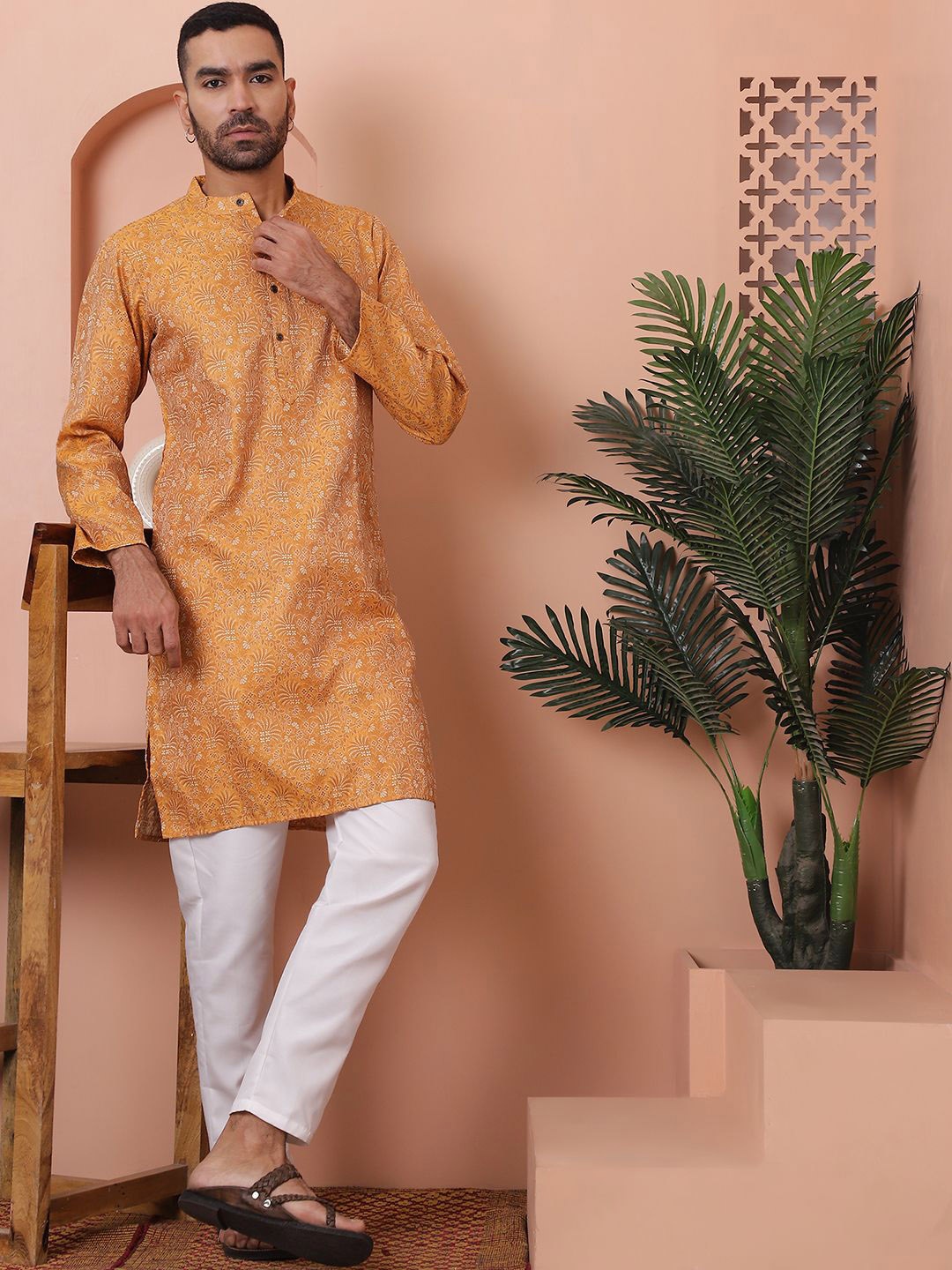 

Anouk Mustard Floral Woven Design Band Collar Silk Blend Straight Kurta With Pyjamas