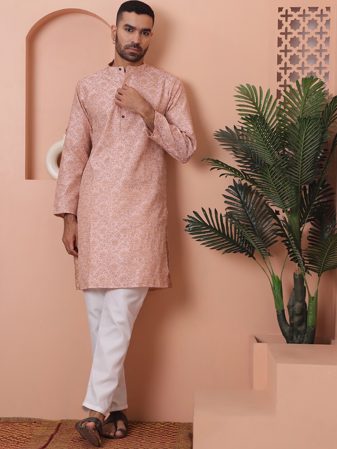 

Anouk Pink Ethnic Motifs Woven Design Band Collar Silk Blend Straight Kurta With Pyjamas