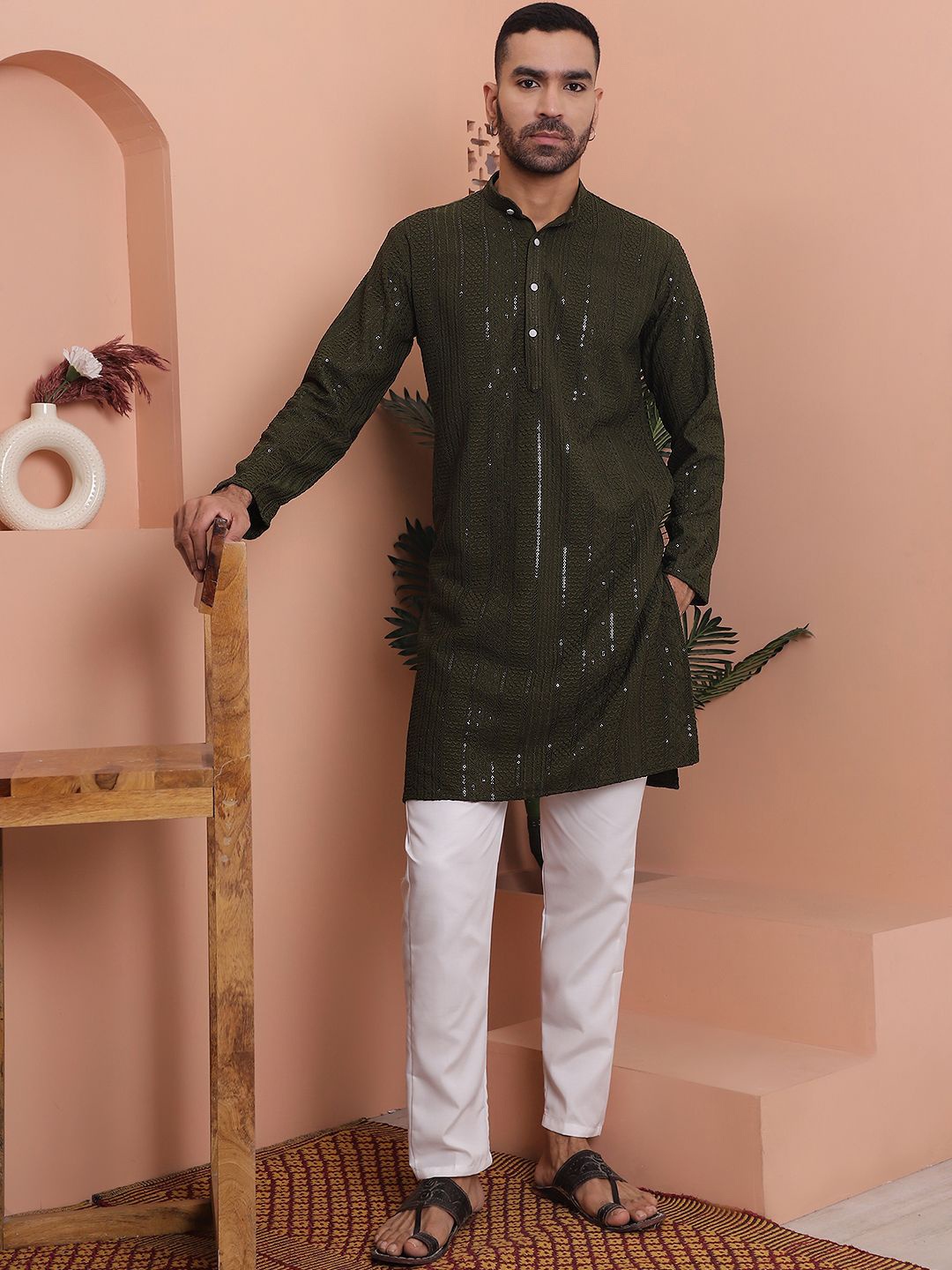 

Anouk Mehndi Ethnic Motifs Embroidered Sequinned Band Collar Straight Kurta with Pyjamas, Olive