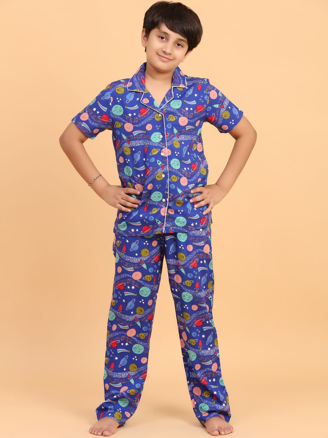 

Ninos Dreams Boys Conversational Printed Lapel Collar Night Suit, Blue