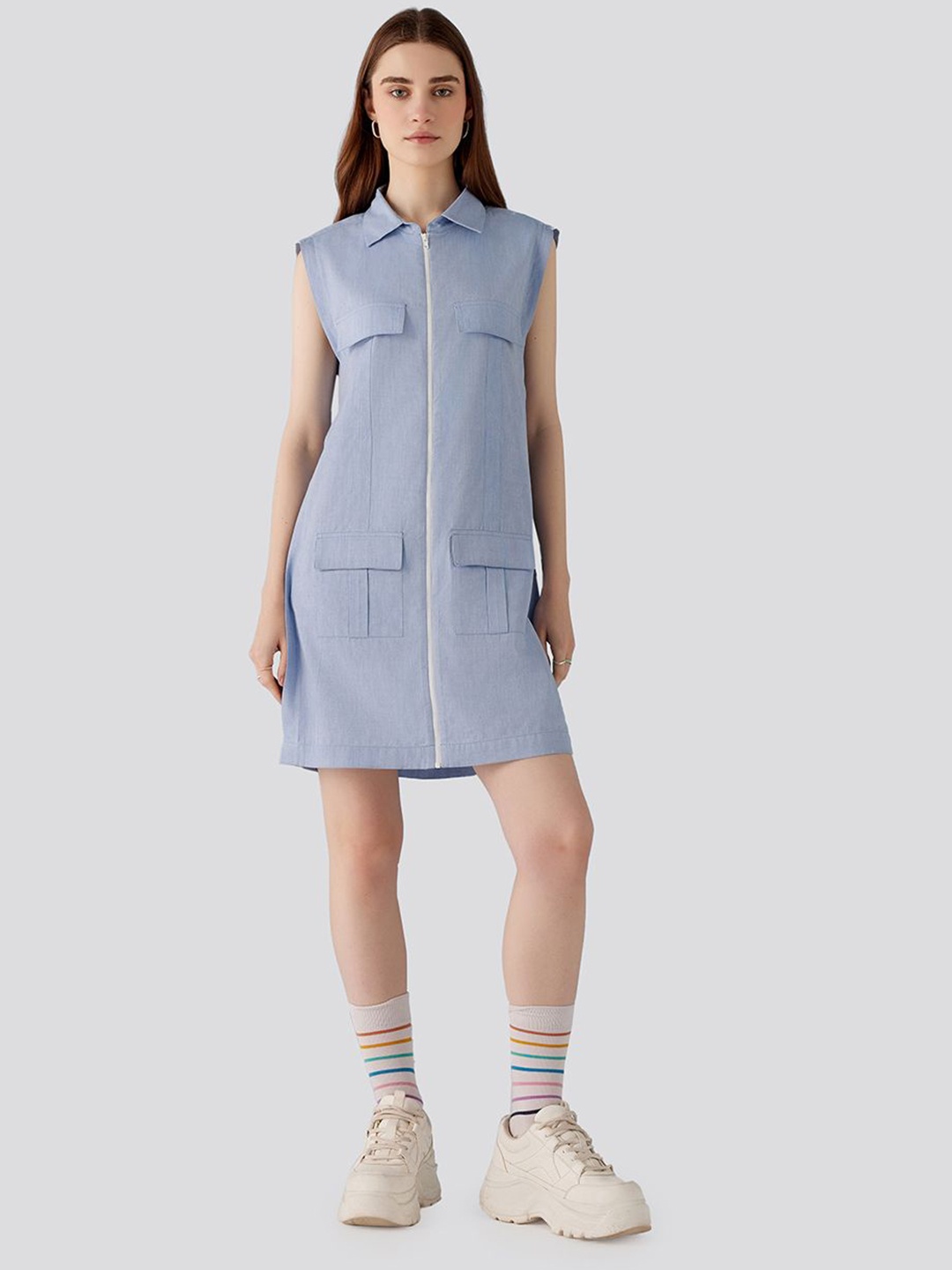 

Muvazo Sleeveless Cotton Zip Shirt Dress, Blue