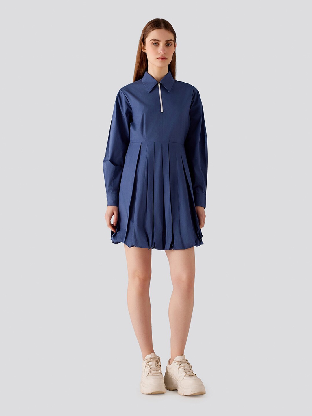 

Muvazo Mock Neck Cuffed Sleeves Cotton Fit & Flare Dress, Blue