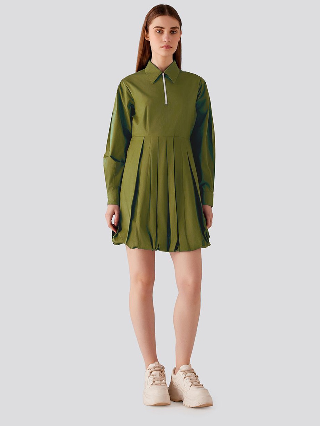 

Muvazo Shirt Collar Pleated Cotton Fit & Flare Dress, Olive