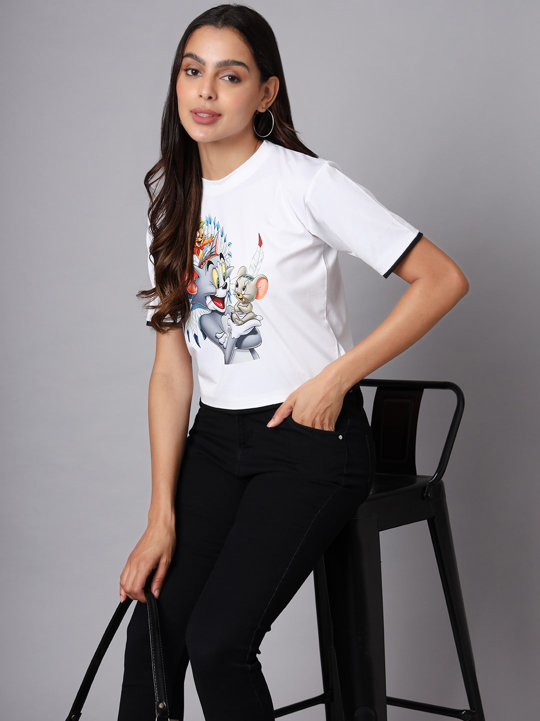 

VINISHAA KLOTHING Women Tom & Jerry Graphic Printed T-shirt, White