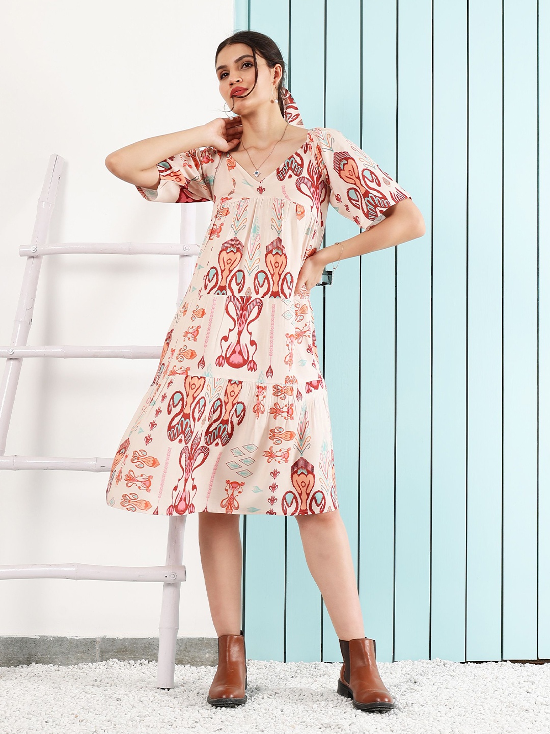 

Boho By Athena bohemian Floral Print Flared Sleeve Layered A-Line Tiered Dress, Nude