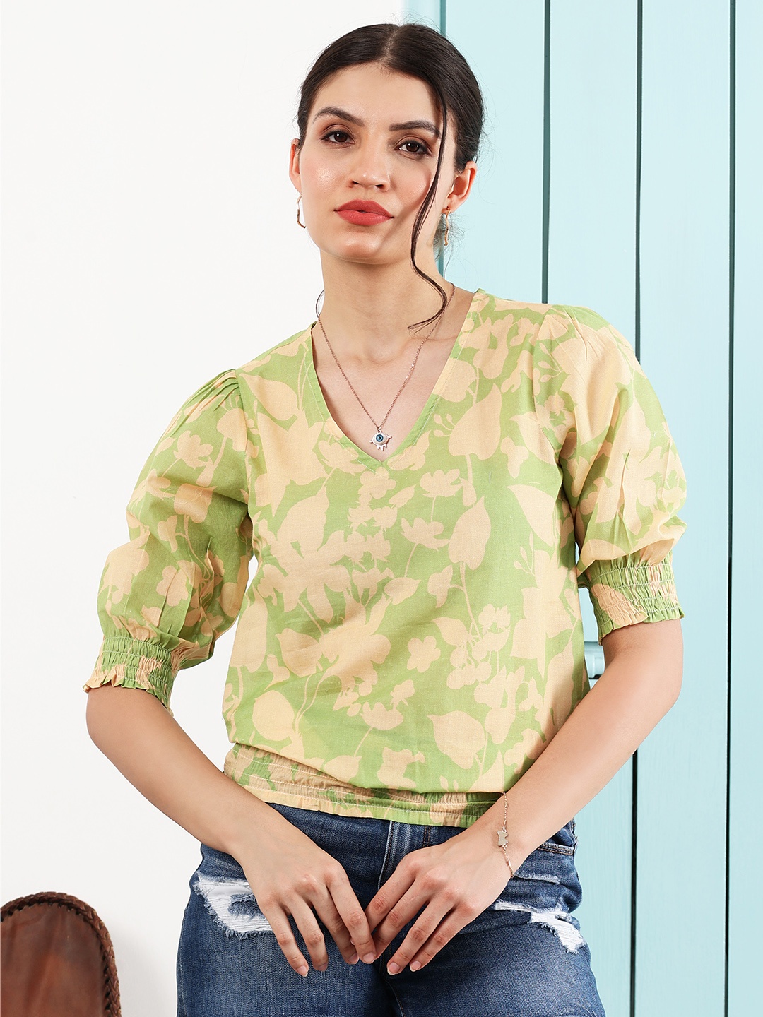 

Boho By Athena Print Puff Sleeve Bohemian Cotton Top, Green