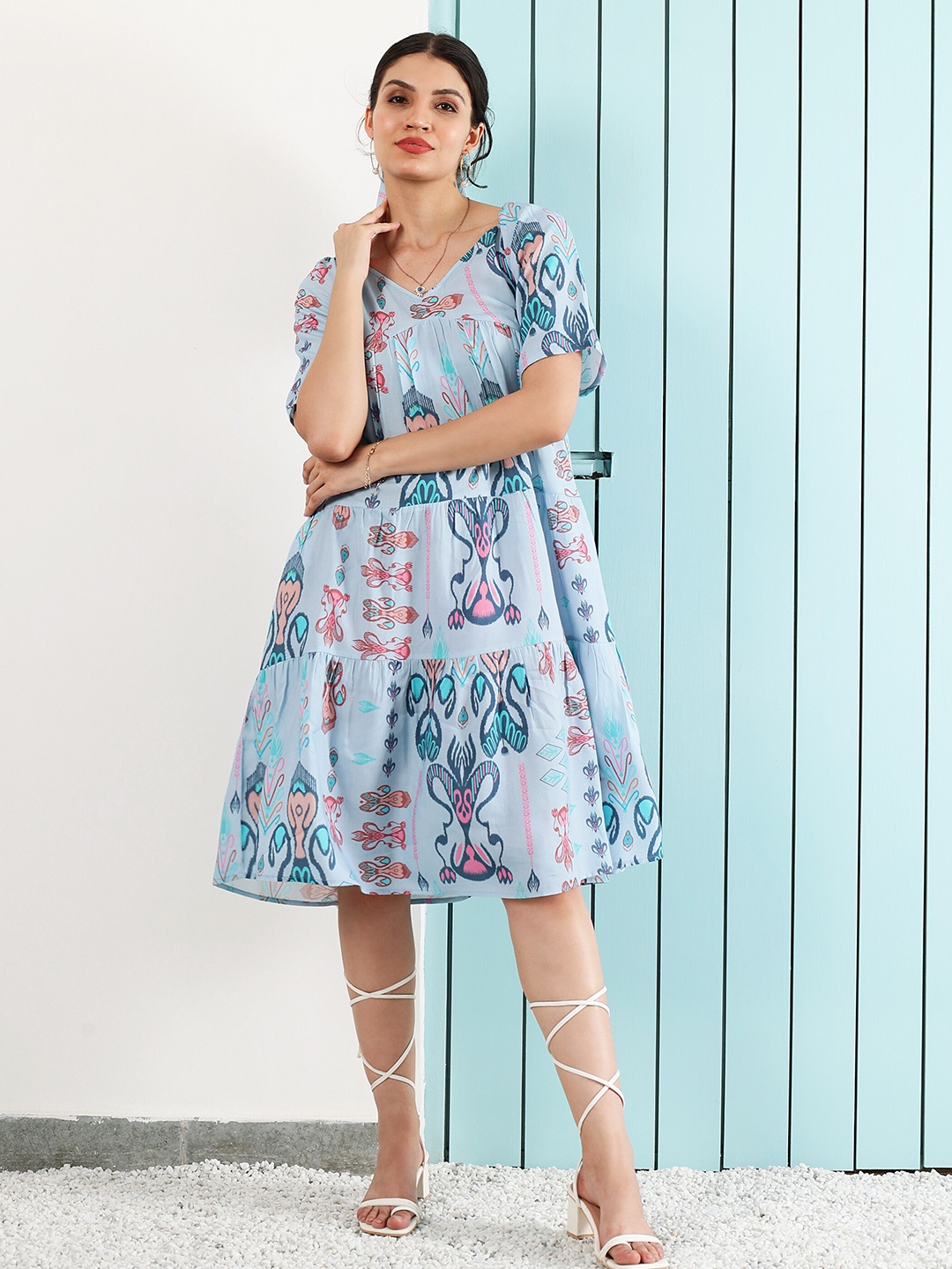 

Boho By Athena bohemian Floral Print Puff-Sleeves Layered Fit & Flare Dress, Blue