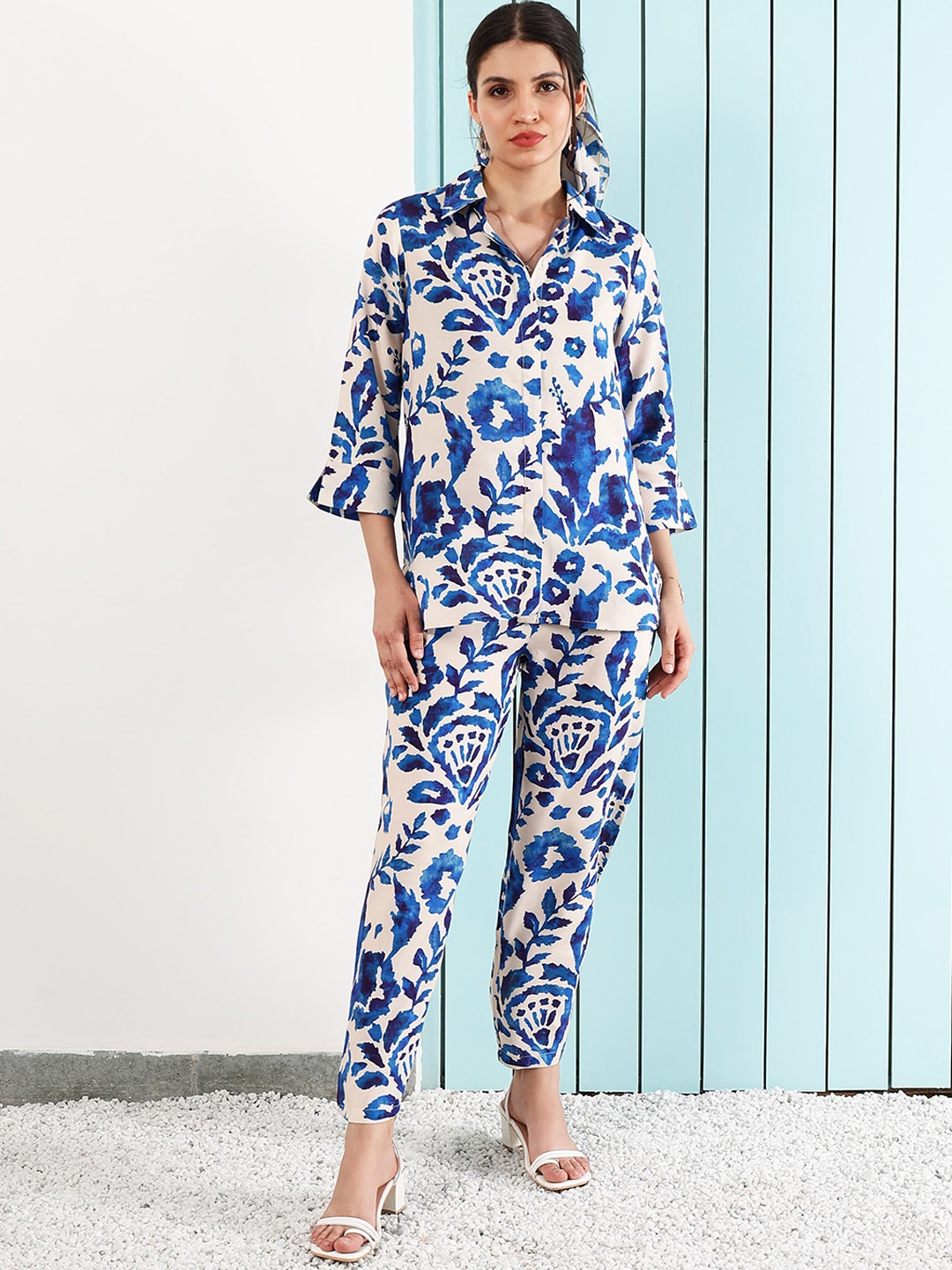 

Boho By Athena Floral Printed Shirt With Trousers Co-Ords, Blue