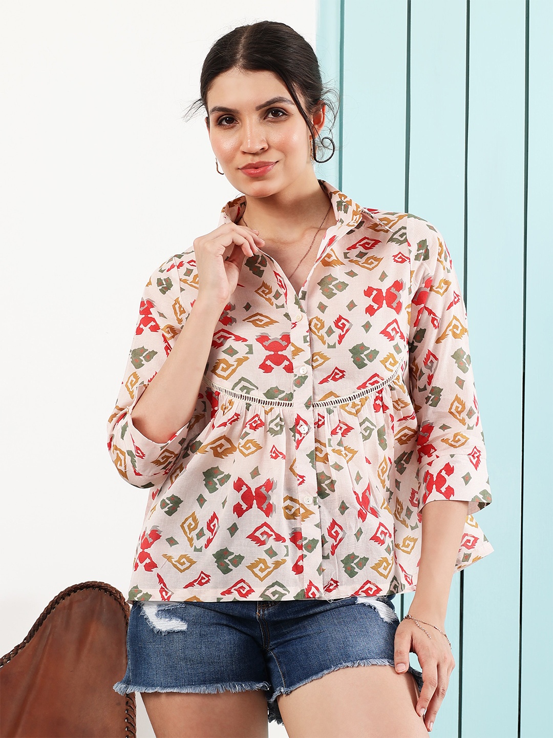 

Boho By Athena Abstract Printed Regular Sleeves Cotton Shirt Style Top, Red