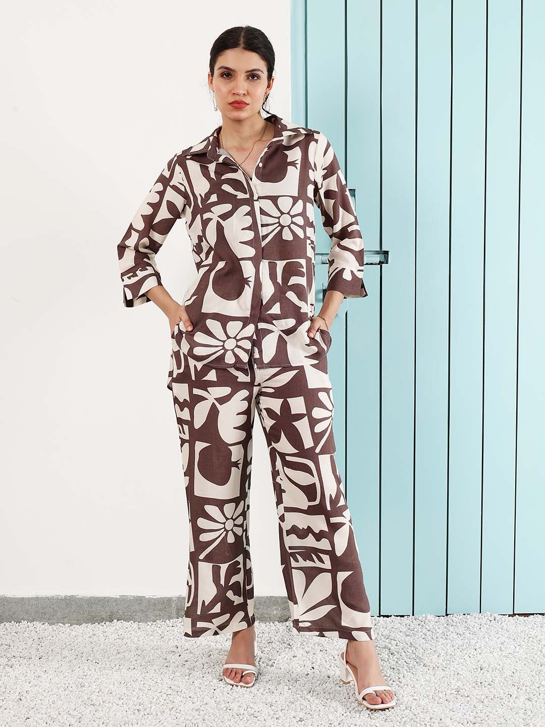 

Boho By Athena Floral Printed Long Sleeves Shirt With Trousers, Brown