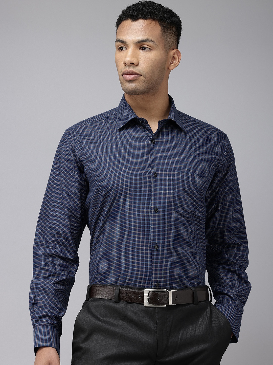 

Van Heusen Pure Cotton Custom Fit Grid Tattersall Checks Opaque Formal Shirt, Navy blue