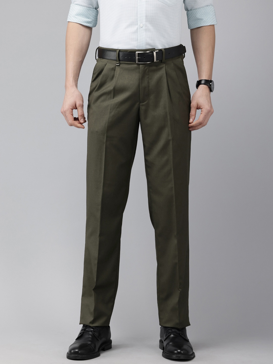 

Van Heusen Men Self Design Textured Custom Fit Pleated Formal Trousers, Olive