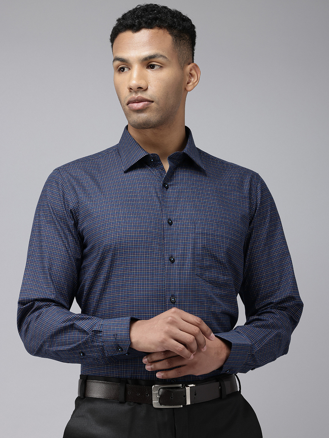 

Van Heusen Pure Cotton Slim Fit Grid Tattersall Checked Formal Shirt, Navy blue