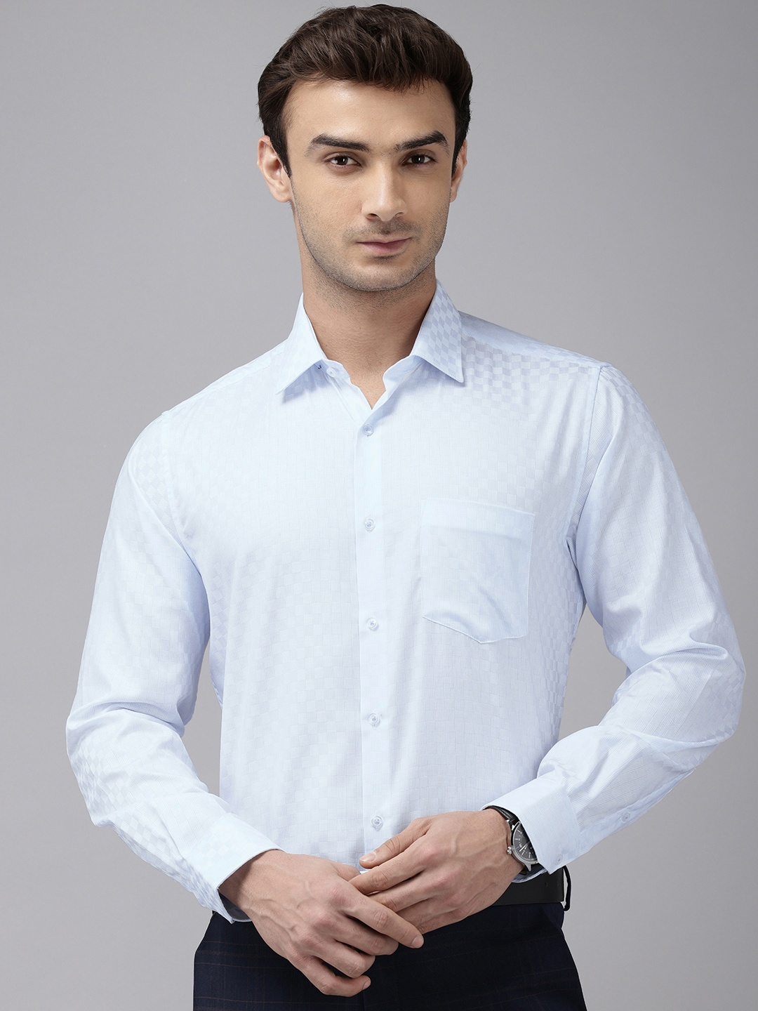 

Van Heusen Pure Cotton Custom Opaque Checked Formal Shirt, Blue