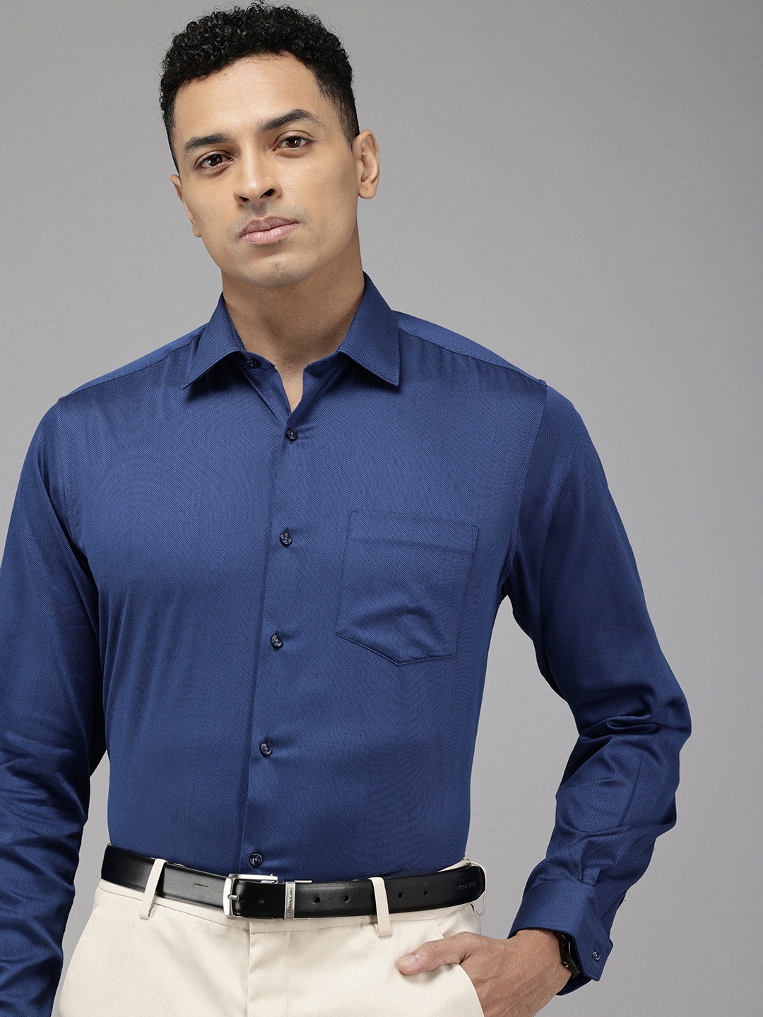 

Van Heusen Pure Cotton Self Design Textured Custom Opaque Formal Shirt, Navy blue